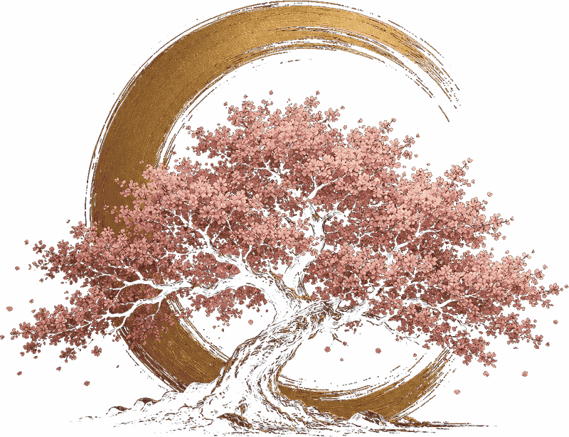 Satori Tree — blossoming tree within a brushed gold enso circle